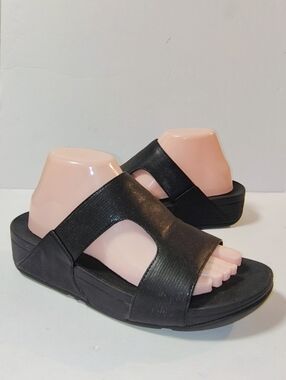 FitFlop Women's H-Bar Shimmer Lizard Slide Wedge Open Toe Sandals Black Size 9